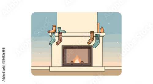 A cozy fireplace with christmas stockings hanging on the mantelpiece art