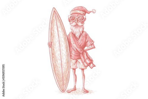 Elderly surfer wearing sunglasses and Santa hat while holding a surfboard  