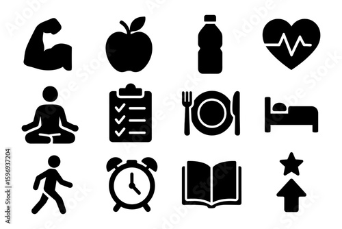 Healthy lifestyle icons: fitness, wellness, and nutrition symbols