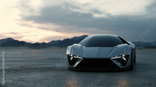 Futuristic Silver Car on Desert Road at Dusk