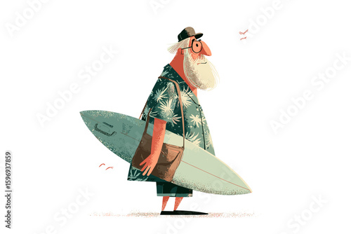 Elderly man walking with surfboard wearing Hawaiian shirt and glasses  