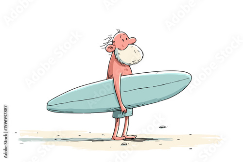 Elderly man with a surfboard standing on a beach in summer  
