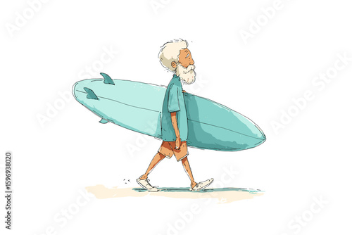 Elderly man walking with surfboard in hand on sandy beach  