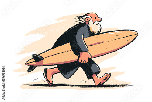Elderly man walking barefoot while carrying a surfboard along the beach  