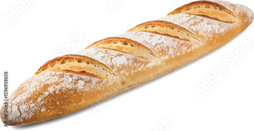 A studio shot of a single baguette loaf with scoring marks and flour dusting on a white surface