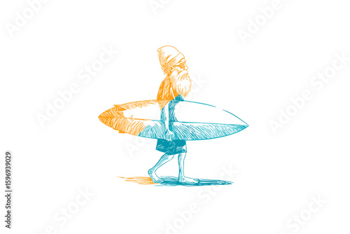 Elderly surfer walking with orange and blue surfboard in illustration  
