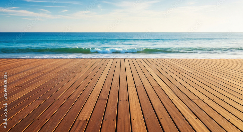 Fototapeta premium Serene Tropical Beach Views from a Wooden Deck 