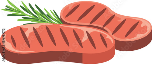 Illustration of two grilled sausages with grill marks and a sprig of rosemary on a white background