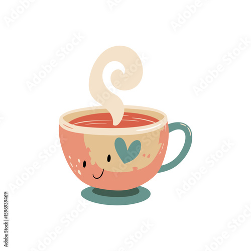 Smiling pastel teacup with heart symbol and steam swirl in cozy doodle style on transparent background for café branding, hot beverage icons, or wellness content design