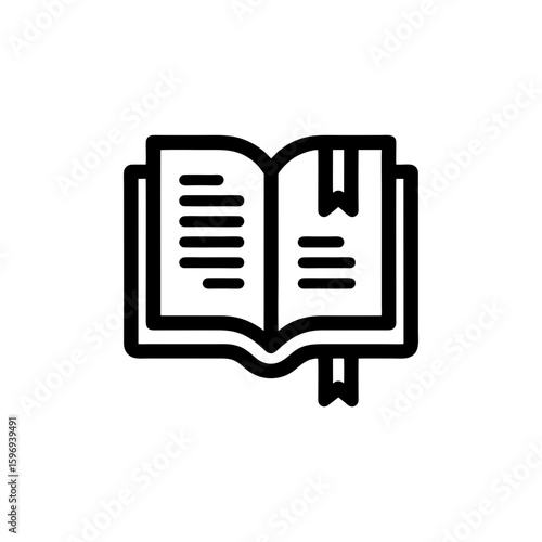 Open book with visible bookmark in minimal black vector doodle style on transparent background for education icons, reading apps, learning content, and academic web UI