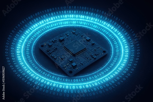A futuristic microchip surrounded by glowing binary code, symbolizing technology and digital innovation.