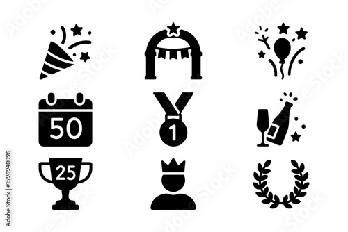 Celebration icons: anniversary, awards, and festive silhouettes for events