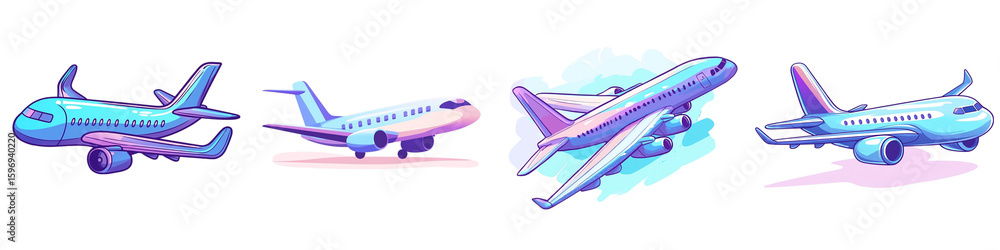 Obraz premium Collection of stylized illustrations featuring commercial airplanes, showcasing travel and transportation with a modern, cartoonish aesthetic, suitable isolated transparent background