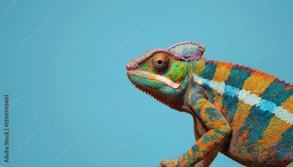 Obraz premium Vibrant chameleon profile, detailed macro shot. Reptilian creature displays rainbow skin scales, intricate patterns of green, orange, blue, white. Exotic tropical lizard exhibits unique camouflage,