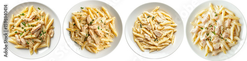 Four plates of creamy chicken penne pasta, sprinkled with herbs and pepper, offer a delicious and comforting meal, perfect for a quick lunch or dinner. isolated transparent background