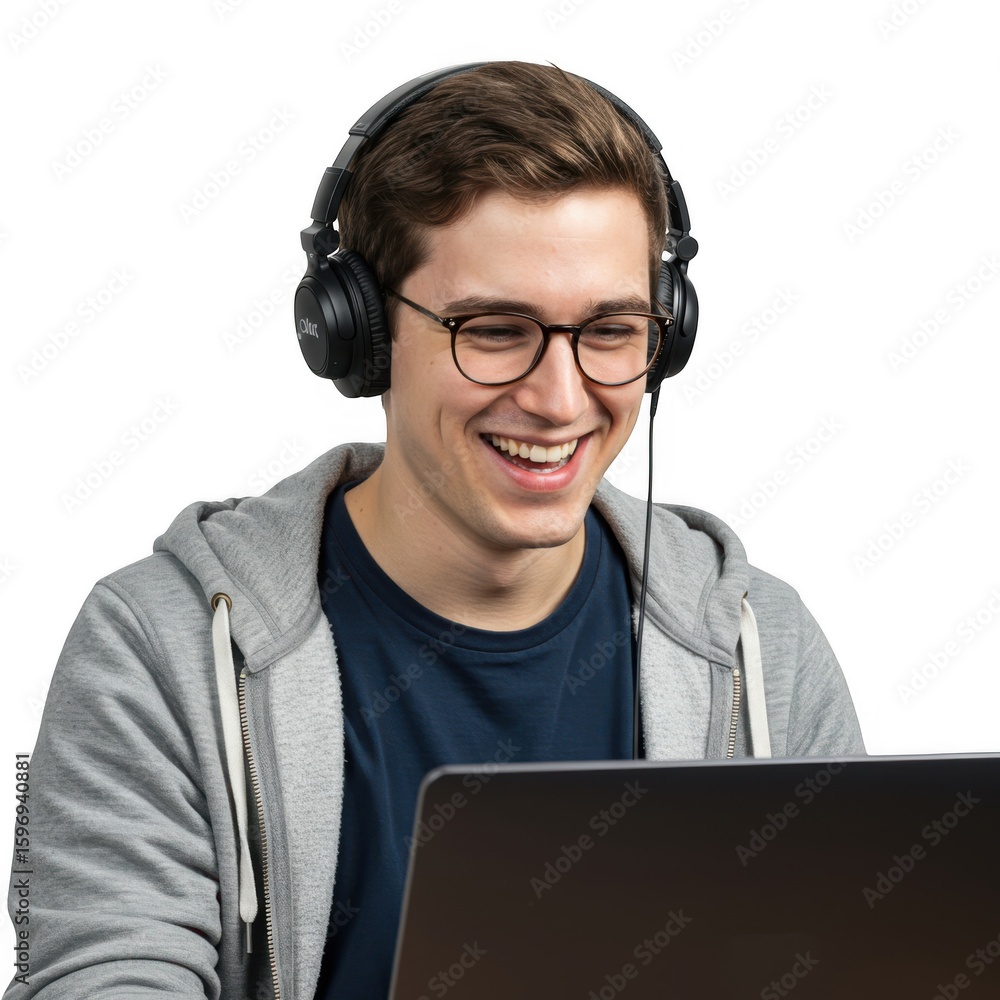 Smiling man with headphones isolated on transparent background Smiling man with headphones isolated on transparent background