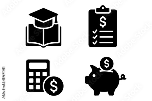 Education budget icons: graduation cap, financial planning, calculator, piggy bank
