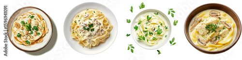 Creamy fettuccine alfredo with mushrooms and parsley, served in a variety of bowls, offering a delicious and visually appealing culinary experience.