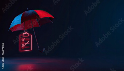 Checklist protected under umbrella, dark background; safety concept