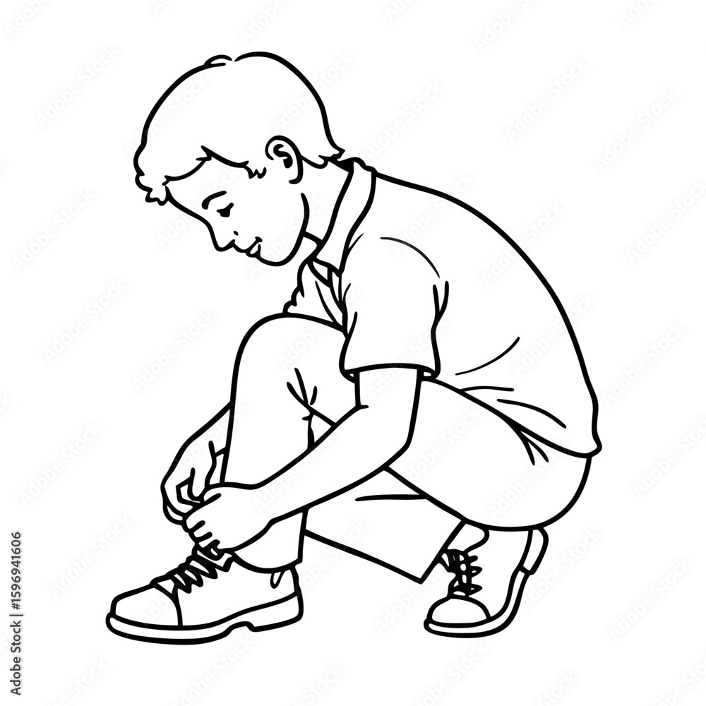 Fototapeta premium Boy kneeling and tying shoelaces on shoes in simple style 