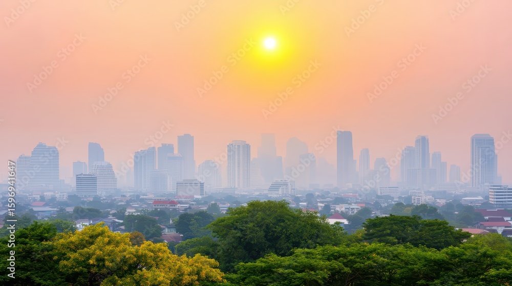 Fototapeta premium Urban Skyline at Sunrise with Fog and Warm Light Effects