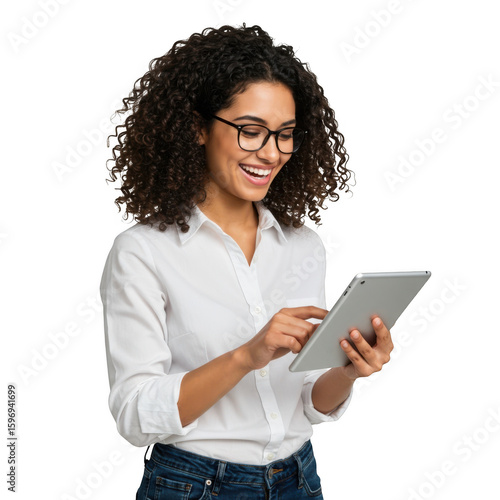 Wallpaper Mural Smiling woman with tablet isolated on transparent background Torontodigital.ca