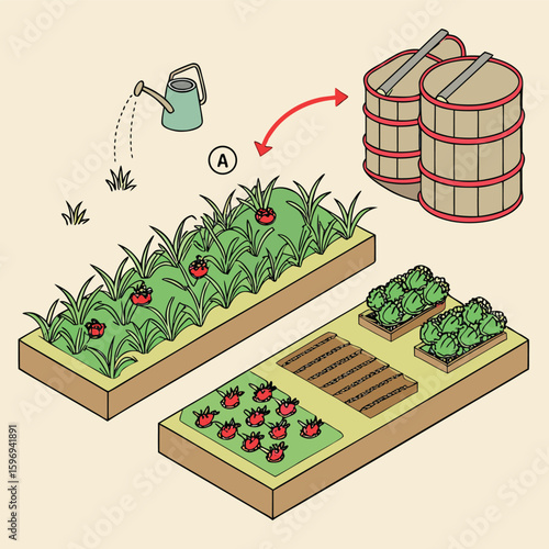 An illustration showing a garden with tomatoes and lettuce being watered and irrigated, demonstrating sustainable farming practices