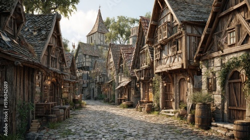 Captivating view of a medieval town with cobblestone street and wooden architecture