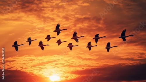 Flock of geese with cinematic feel flying in V-formation against golden sunset sky with copy space