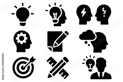 Black silhouette icons for creative ideas and problem solving in education and business