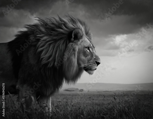 Majestic lion portrait, mane flowing in wind against cloudy savannah sky. Black, white artistic style emphasizes raw power, strength, untamed wilderness. Regal animal embodies pride, courage, dignity