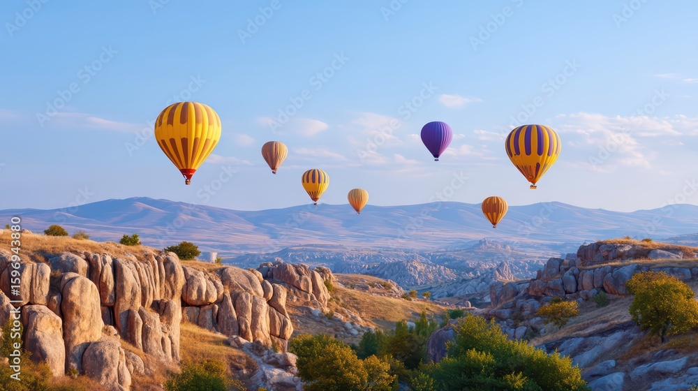 Naklejka premium Colorful Hot Air Balloons Floating Above Scenic Landscape