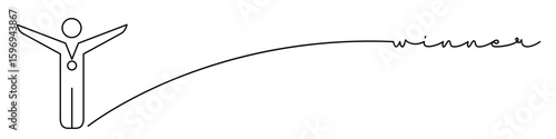 Winner with a medal one line icon with caption. Stick figure, a little man with raised hands. Continuous line drawing style. Footer, header. Vector illustration isolated on white background.
