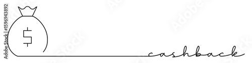 Cashback one line icon with caption. Bag of money, prize. Continuous line drawing style. Footer, header. Vector illustration isolated on white background.