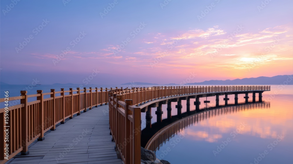 Obraz premium Serene Sunset Over Curved Wooden Bridge in Tranquil Landscape