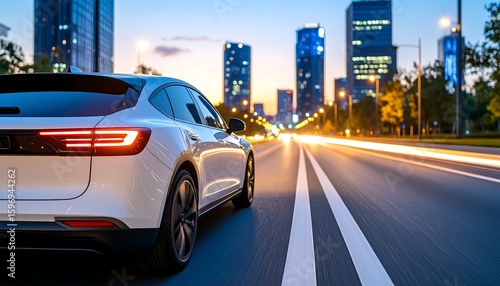 Fototapeta Naklejka Na Ścianę i Meble -  White EV car on city street at twilight