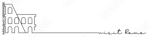 Rome, Italy, Colosseum one line icon with caption. Continuous line drawing style. Footer, header. Vector illustration isolated on white background.