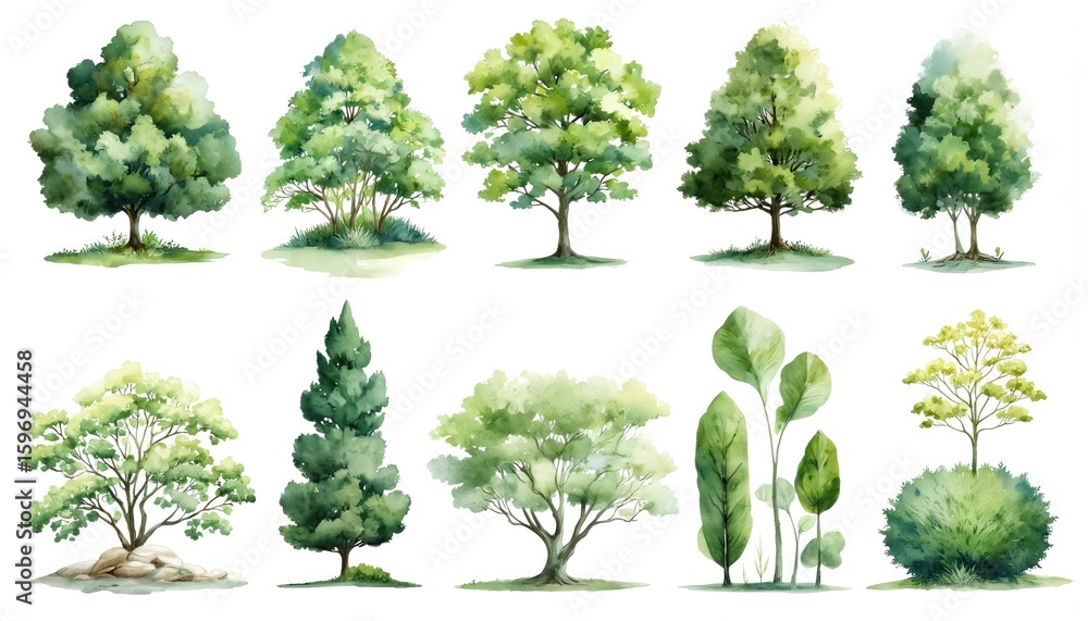 Fototapeta premium Watercolor illustration set features diverse botanical landscape design elements. Includes various tree icons, foliage clusters, organic canopy shapes in soft gradient greens. Perfect for aerial