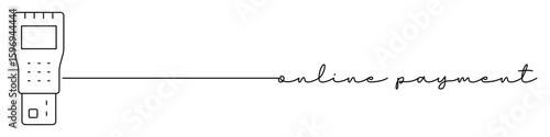 Online payment one line icon with caption. Continuous line drawing style. Footer, header. Vector illustration isolated on white background.