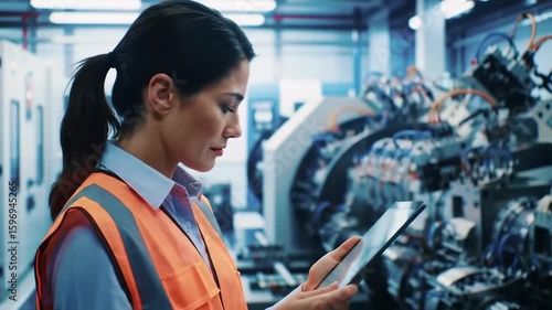 Woman inspecting machinery with tablet