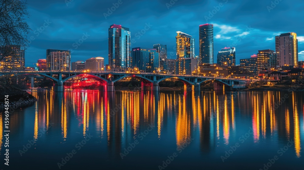 Fototapeta premium Night city skyline bridge reflection vibrant lights