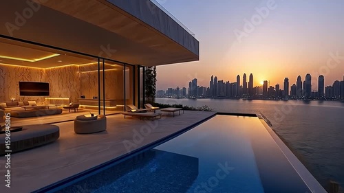Wallpaper Mural Luxury Villa with Infinity Pool and City Skyline at Sunset Torontodigital.ca