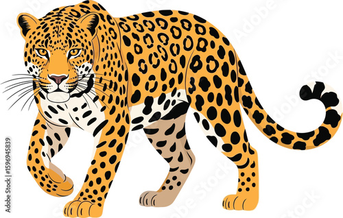 Illustration of a leopard walking with a curled tail and its distinctive spotted coat on white