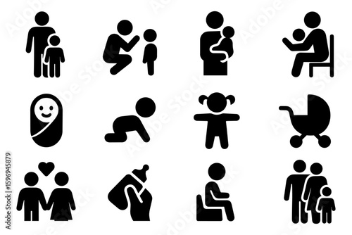 Family and parenting symbols in simple black silhouette pictograms