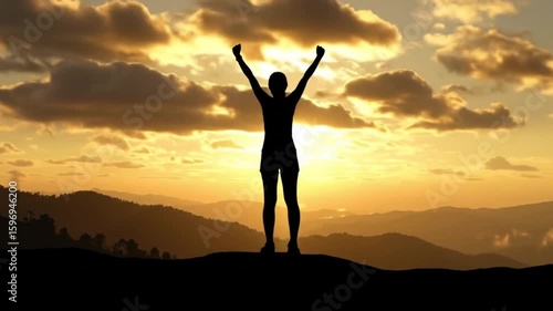 Wallpaper Mural Silhouette of Victorious Person on Mountain Peak at Sunrise with Light Rays Torontodigital.ca
