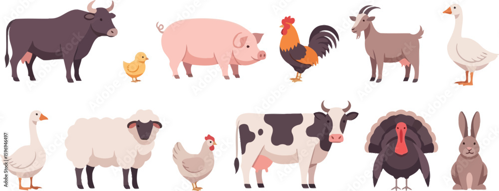 Obraz premium A collection of farm animals including cows, pigs, chickens, sheep, and other livestock animals