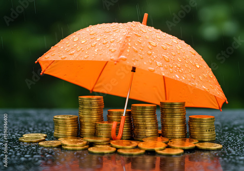 Wallpaper Mural Orange umbrella shielding stacks of gold coins from rain; financial security concept; rainy day protection; wealth preservation; insurance metaphor; vibrant, professional stock photo. Torontodigital.ca
