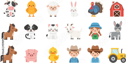 A collection of cartoon farm animals and farm related objects displayed on a white background