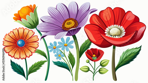 Vector flower icon set brings out classic botanical symbols. Simple flower icons, including poppy and daisy, are shown clearly isolated on white background, suitable for semi-realistic vector illustra
