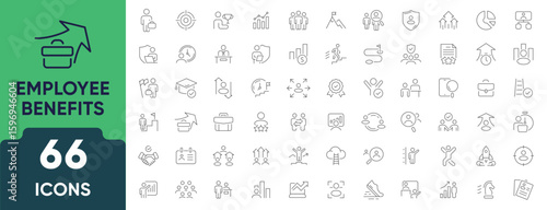 Employee Benefits Line Icon Set. Set of 66 outline icons including health insurance, bonuses, vacation, wellness, retirement plans, perks, and support. Editable stroke. Linear vector illustration.
